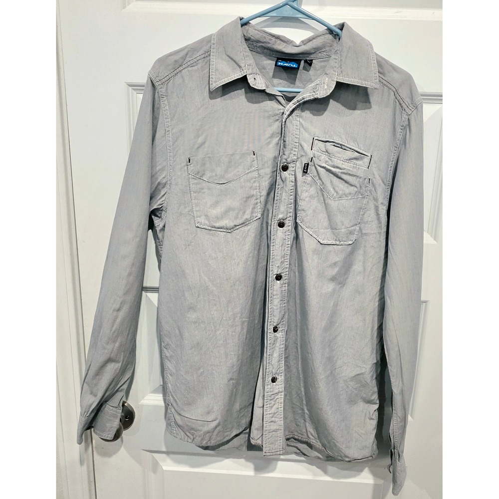 KAVU Button Down Shirt Mens Medium Blue White Cotton Striped Outdoor Hiking